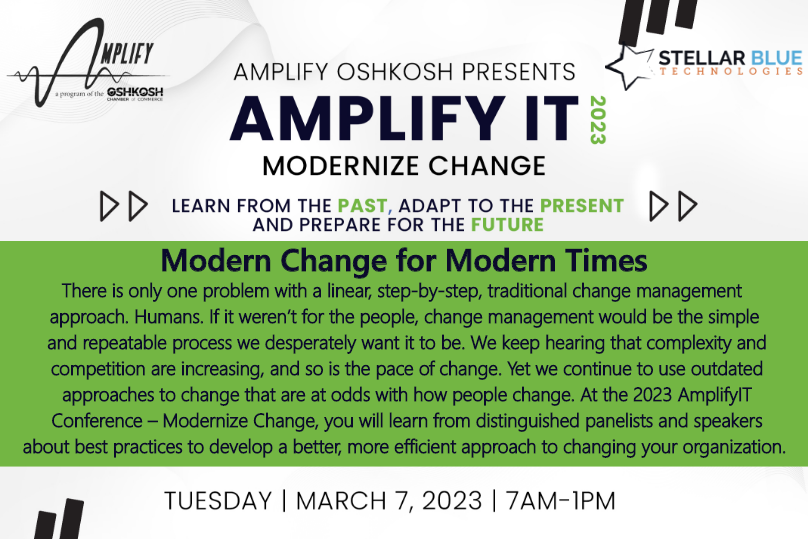 AmplifyOsh's tweet photo. Join us March 7th, 2023 from 7am-1pm at the UWO Culver Family Welcome Center for our Amplify IT 2023 - Modernize Change conference! Hear from our many change management experts throughout our many conference sessions.

Learn more and register here: https://t.co/yfY9sD4sA9 https://t.co/H4amMy7GZV