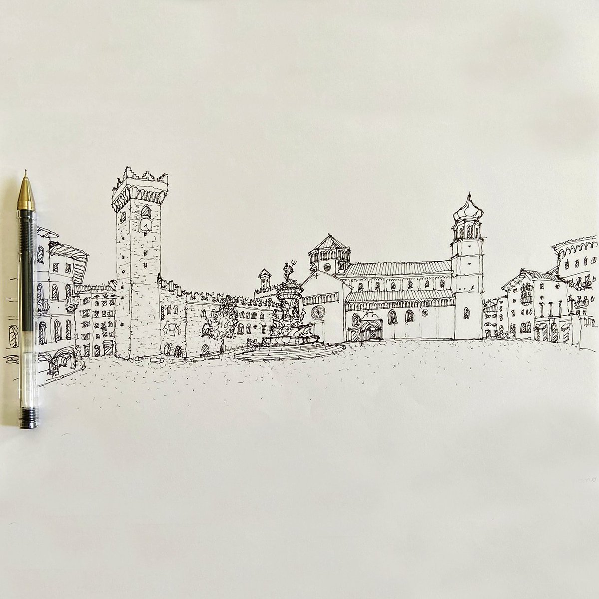 Sketch of Trento's Piazza del Duomo and surrounding architecture, including the Cattedrale di San Vigilio and Palazzo Pretorio. #Trento #PiazzaDelDuomo #CattedraleDiSanVigilio #PalazzoPretorio #Trentino #Italia #Italy #Art #Architecture #Travel #History #Sketch #UrbanSketch