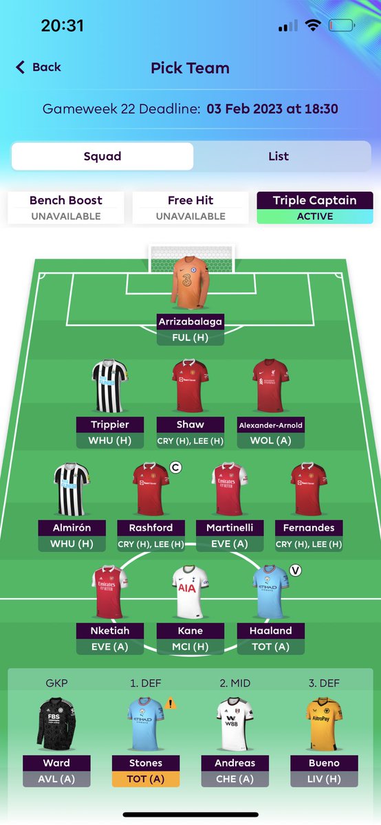 OR : 72363.
TRIPLE CAPTAIN RASHFORD..
Subs : Nketiah in for Mitrovic 
            Fernandes in for KDB
Unlikely I’ll change from here, hopefully this helps some of my followers :) #FPLCommunity #fpl