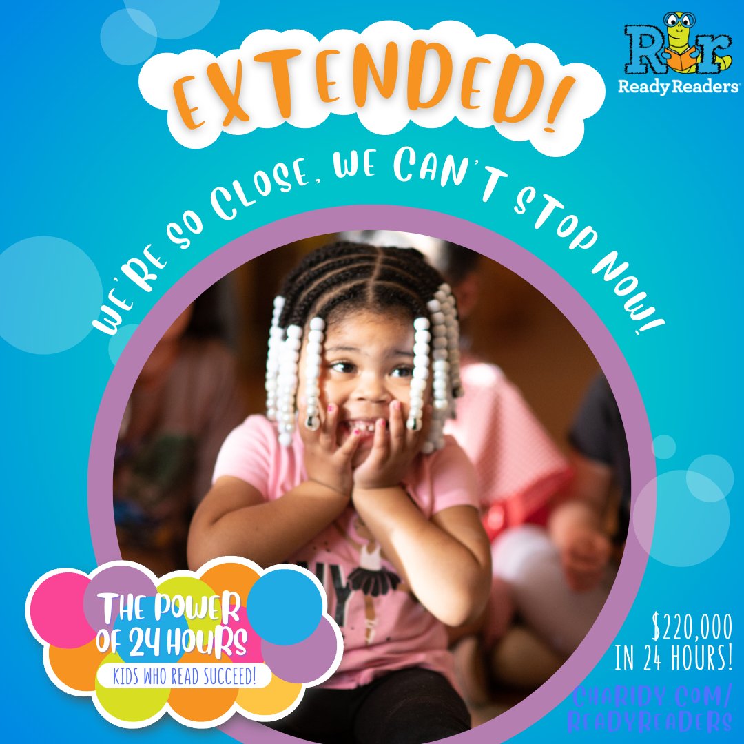 4:1 match extended until 10pm! We need your help to reach our $220,000 goal - please donate now!
charidy.com/readyreaders

A big thank you to the 438 donors who have gotten us this far. 

Together we can make this happen!!!