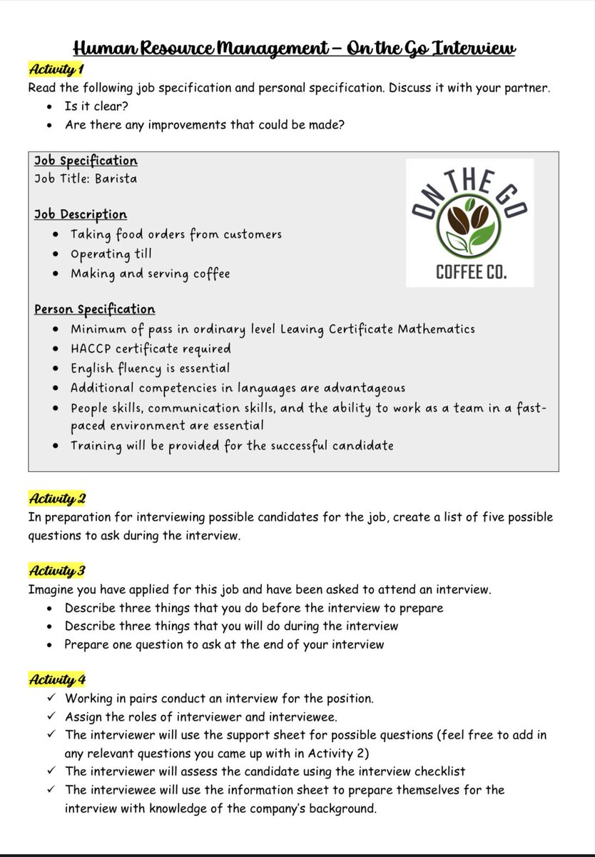 HRM activity sheet on ‘On the Go Coffee Co.’ focusing on job description, person specification, interview prep and interview techniques #LCBusiness #unit4 #HRM #JCBusiness #strand2 #LCVP #worldofwork