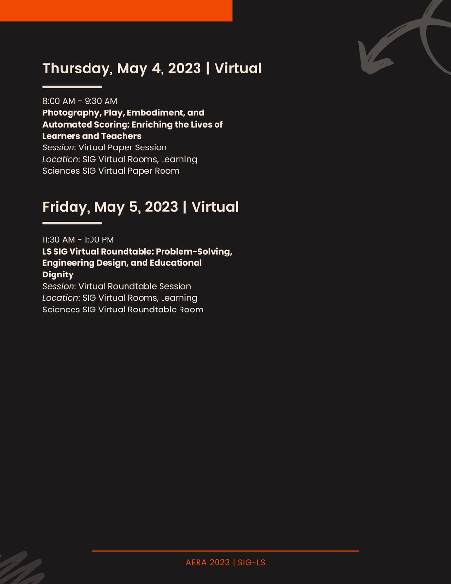 Presenting SIG LS's in-person and virtual program at #AERA2023! Please note: due to timing restrictions, we are holding an 11:40 AM SIG LS/ATL Business Meeting AND a 7:30 PM Reception on Saturday! Hope to see you there!