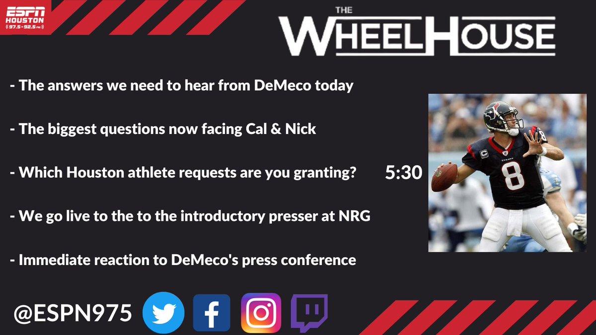 ESPN 97.5 Houston (@espn975) on Twitter photo #TheWheelhouse w/ <a href="/JakeAsman/">Jake Asman</a> & <a href="/Cody_Stoots/">Cody Stoots</a> STARTS NOW!
5:30- @Matt8Schaub joins to talk all about why he loves the DeMeco Ryans hire for the #Texans
Watch:
twitch.tv/espn975
Listen:
player.listenlive.co/47161 #TheWheelhouse w/ <a href="/JakeAsman/">Jake Asman</a> & <a href="/Cody_Stoots/">Cody Stoots</a> STARTS NOW!
5:30- @Matt8Schaub joins to talk all about why he loves the DeMeco Ryans hire for the #Texans
Watch:
twitch.tv/espn975
Listen:
player.listenlive.co/47161