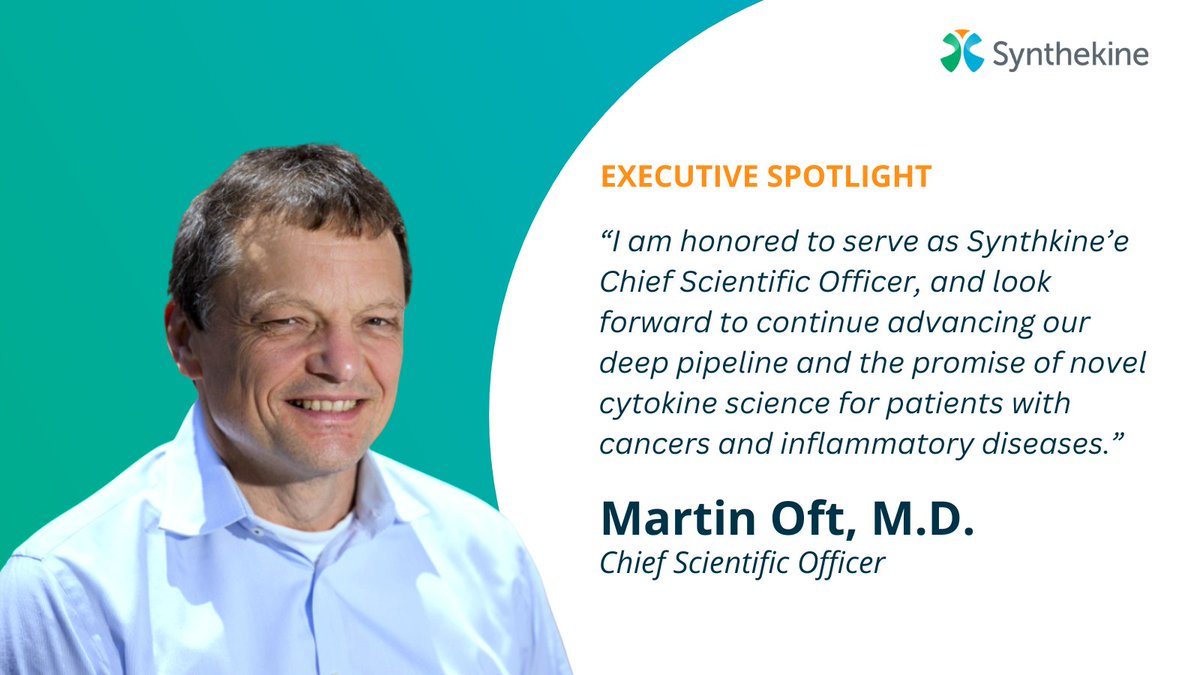 synthekine's tweet image. This month, to kick off our new #ExecutiveSpotlight series, we are highlighting Martin Oft, M.D. Martin has served as Synthekine’s Chief Development Officer since our founding in 2019 and was recently appointed Chief Scientific Officer. Congrats Martin!