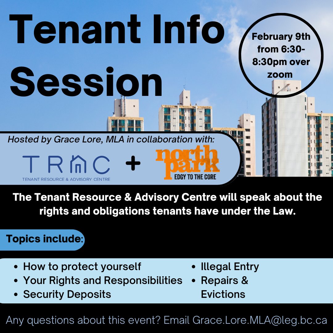 You’re invited to a free tenant info session in collaboration with the Tenant Resource Advisory Centre and  <a href="/WeAreNorthPark/">North Park Neighbourhood Association (NPNA)</a>, this info session will cover advice on your rights and responsibilities as a tenant, evictions, notices + how to protect yourself!
