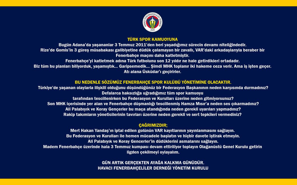 TÜRK SPOR KAMUOYUNA !
GÜN ARTIK GERÇEKTEN AYAĞA KALKMA GÜNÜDÜR.
<a href="/Fenerbahce/">Fenerbahçe SK</a> 
<a href="/12numaraorg/">12 Numara 🇹🇷</a> 
<a href="/FenerbahceTP/">Fenerbahçe Taraftar Platformu</a>