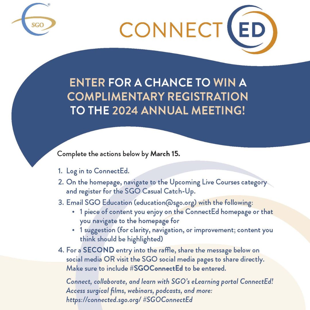 SGO_org's tweet photo. SGO’s educational resource library, ConnectEd offers content for members and non-members alike. Take a few steps to interact with ConnectEd for a chance to win a complimentary registration to the SGO 2024 Annual Meeting! View details: https://t.co/1es0rD6Aqx #SGOConnectEd https://t.co/ANc3jjprZE