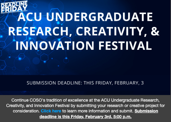 Hi there <a href="/acuedu/">Abilene Christian University</a> <a href="/acuoptimist/">The Optimist</a>! Just a reminder that the Undergraduate Research Festival Abstract submission deadline is tomorrow, Friday Feb. 3 at 5 p.m. Get those abstracts in!

Submit here: docs.google.com/forms/d/e/1FAI…