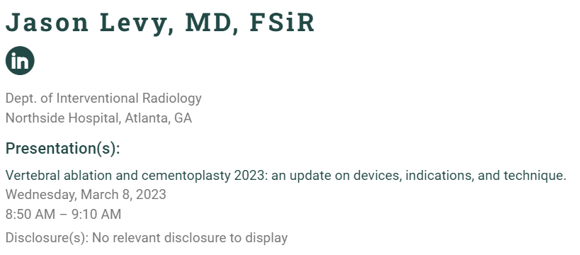 Rad_Partners's tweet photo. Join RP's Dr. Jason Levy at #SIR23PHX!
Vertebral ablation and cementoplasty 2023: an update on devices, indications, and technique.
Wednesday, March 8, 2023
8:50 AM – 9:10 AM
Learn more: https://t.co/mTlRLYYOOE
#FSIR #IRad @NorthsideHosp @SIRspecialists https://t.co/zDSbEndwff