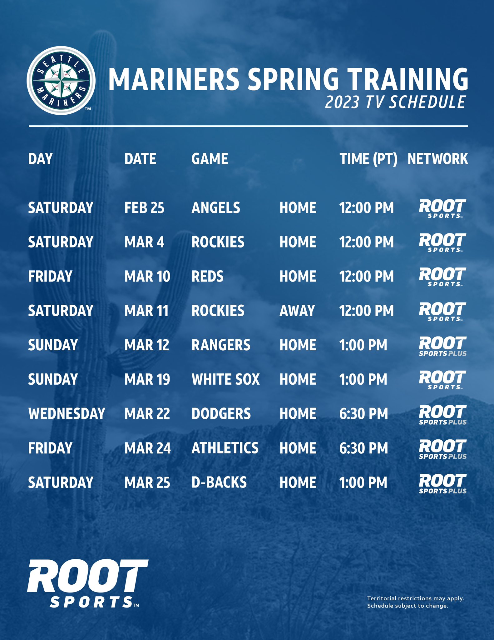 ROOT SPORTS™  NW on X: Mariners baseball… THIS MONTH! 2023 ROOT SPORTS Spring  Training Broadcast Schedule 🔗    / X