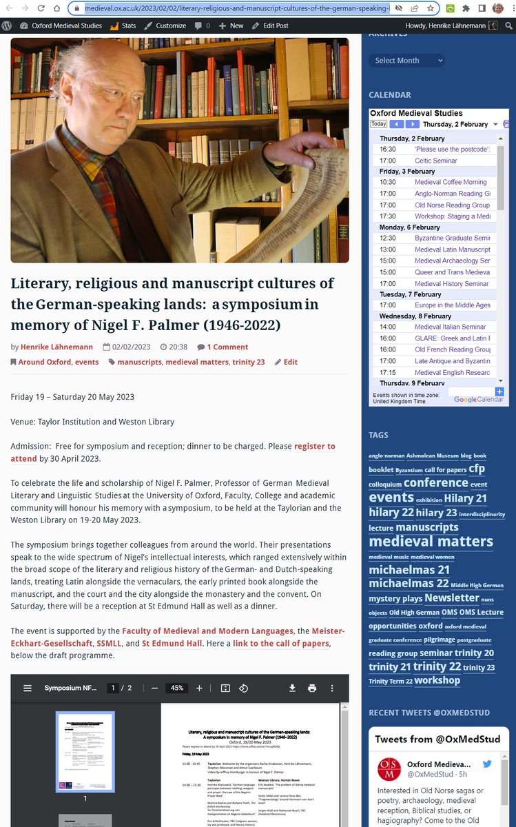 Registration now open for the memorial symposium for Nigel F. Palmer! A cornucopia of papers in the fields he studied, and equally in his honour: good company, drinks for all & dinner @StEdmundHall! medieval.ox.ac.uk/2023/02/02/lit…