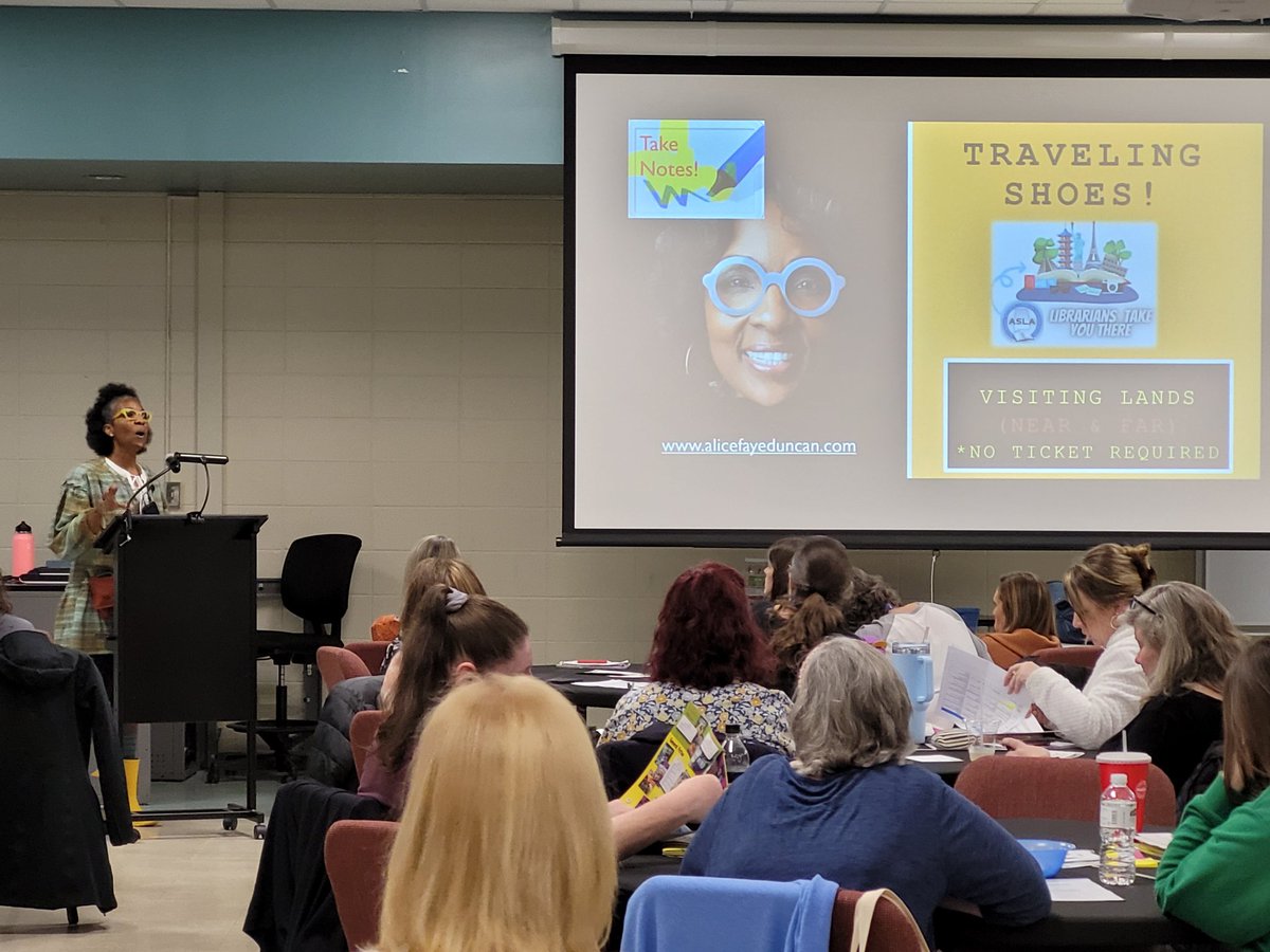 lmsbarnett's tweet image. The fabulous Alice Faye Duncan speaking at @ASLAlib Annual Conference! #allibraries #asla2023 @HSVk12