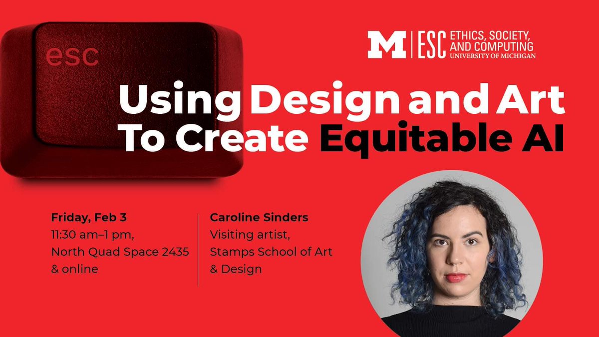 UMnorthquad's tweet photo. Join ESC in North Quad’s Space 2435 for a talk by Caroline Sinders, a visiting artist at Stamps School of Art and Design on “Using Design and Art to Create Equitable AI.” https://t.co/SrEBiAiPw7