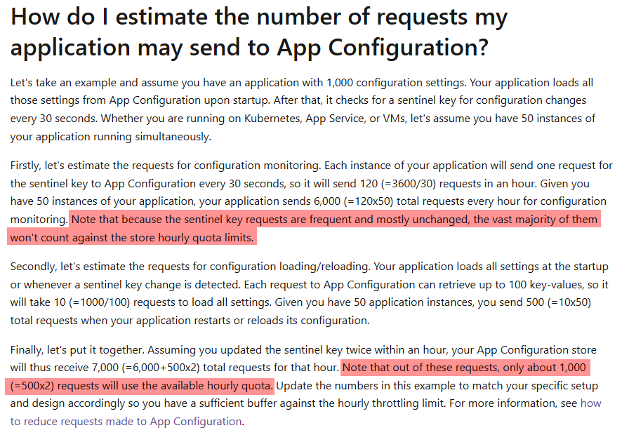 ryanewtaylor's tweet photo. @AzureSupport The Azure App Configuration FAQ implies only requests that result in configuration values being updated in running apps count toward the request quota. Is this true? Where can I find a clearer definition of what counts towards the quota?

https://t.co/52XptnrZYa https://t.co/duDIcvKdlL