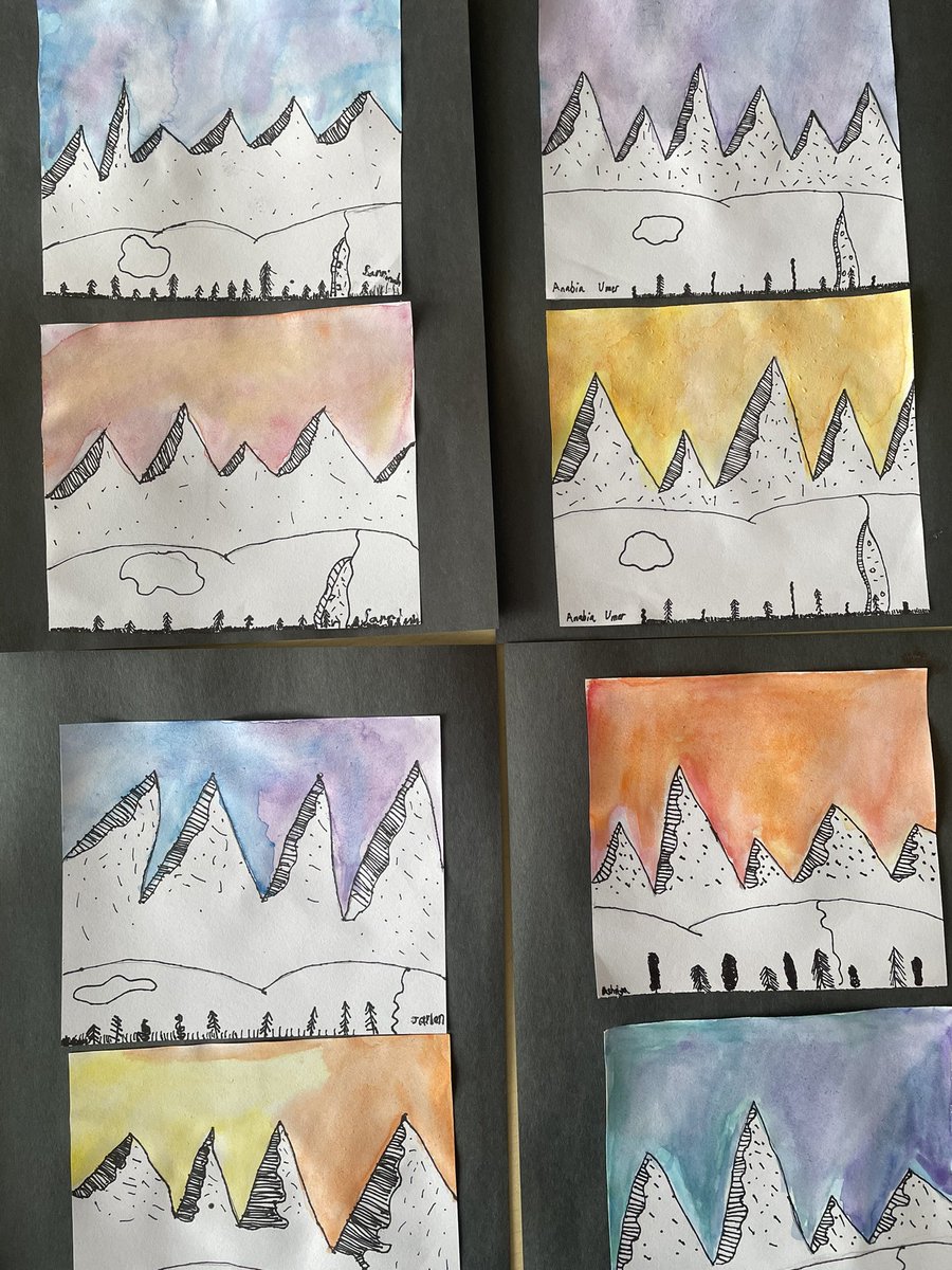 MsLawther's tweet photo. How stunning are the warm and cool toned landscapes?! I love what a beautiful job my students did on this project. This @jenaranyi inspired art was thanks to something I saw @MsPopovic do with her class! #art #weareddsb https://t.co/Gsef4cpi1b