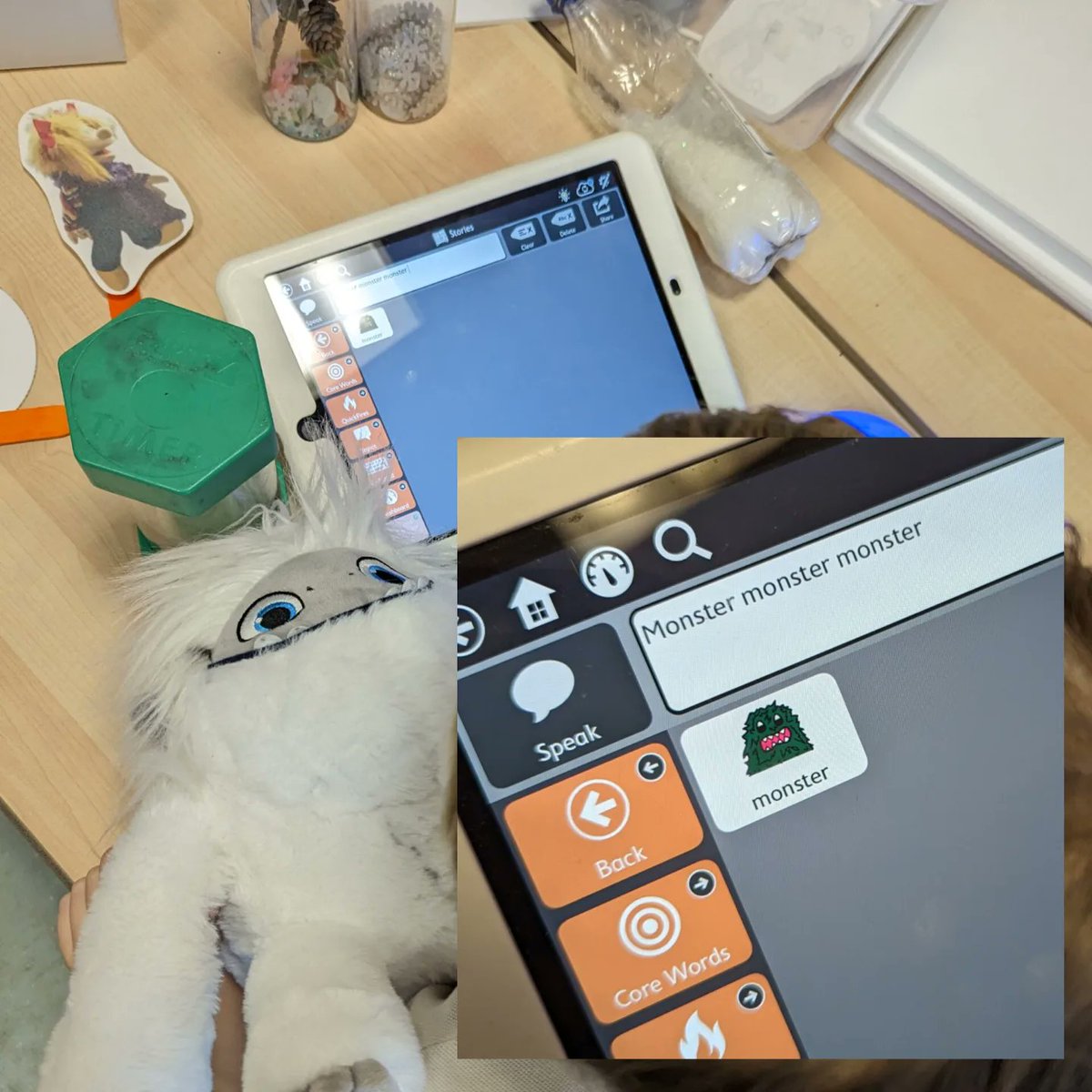 Communi_con's tweet image. One of our SLTs popped in during our storytelling session, perfect timing as I&apos;d run out of hands to juggle all the resources. She made a great snowmonster! 
#aac #augmentativeandalternativecommunication #multisensory #communicationforall #storytelling  #TDSnap #sen #asn