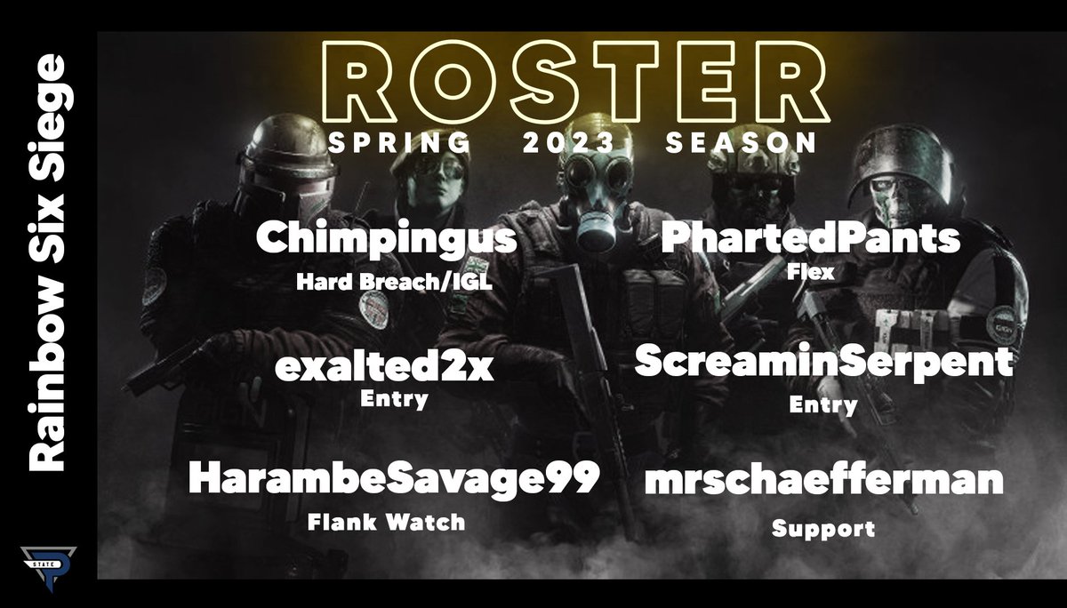 New kids on the block! Welcome our PSU Black roster that will be competing in <a href="/CollegiateR6/">CollegiateR6</a> this semester, we can't wait to see them grow this season!

🔫 - exalted2
🔫 - ScreaminSerpent
⌚️ - HarambeSavage99
♻️ - PhartedPants
💊 - Chimpingus
💊 - mrschaefferman