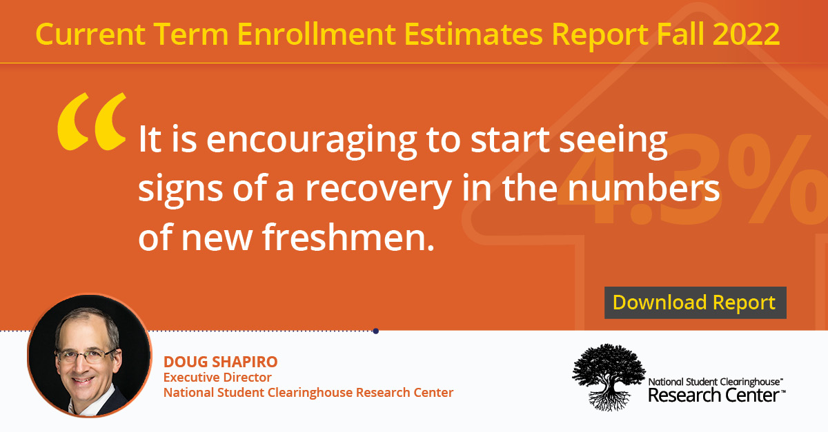 Fall enrollment numbers are out for 2022! Read the new report on enrollment data from the National Student Clearinghouse Research Center: bit.ly/31K10zb #EduInsights #EnrollmentData