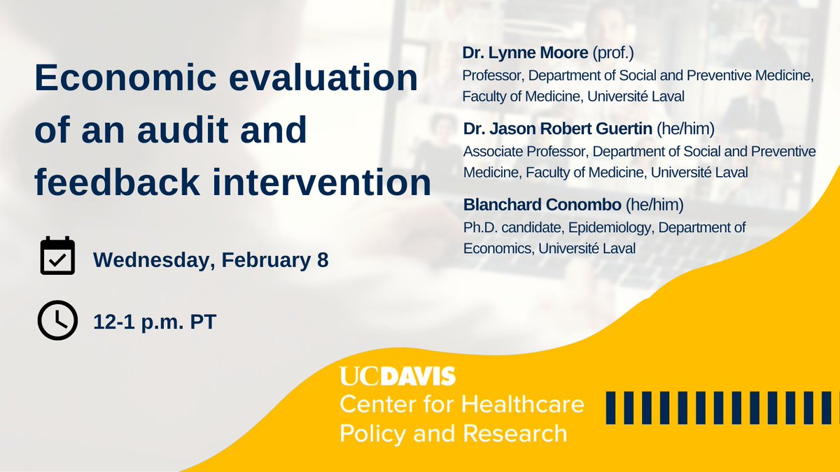 Can #economic evaluations help to improve clinical practice? 

Lynne Moore, <a href="/GuertinJ/">John Guertin</a> and Blanchard Conombo from <a href="/universitelaval/">Université Laval</a> and <a href="/crchuqc/">Centre de recherche du CHU de Qc-Université Laval</a> join us on February 8 to discuss the cost-effectiveness of audit and feedback interventions.

Register: ow.ly/62zR50MI78B