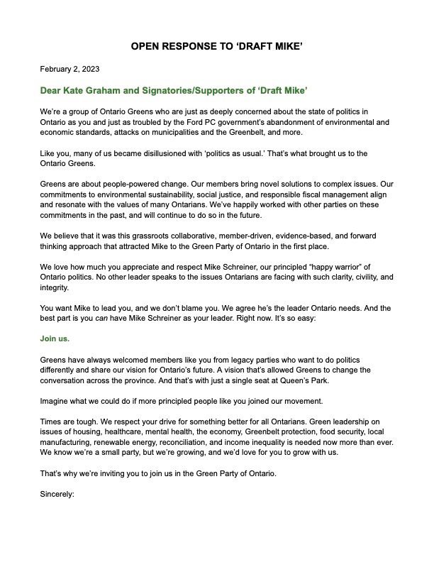 nickcapra_gpc's tweet photo. Hot off the press!

Grassroots @OntarioGreens agree with @KateMarieGraham that @MikeSchreiner’s leadership is needed now more than ever at Queen’s Park. We have a lot of respect for @OntLiberal folks, So we have an invitation: 

#ONpoli #draftmikeschreiner https://t.co/SV1qEwufRl