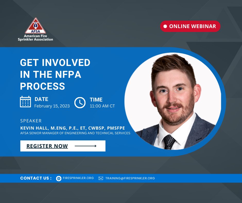 Wednesday, February 15 | Get Involved in the NFPA Process | Webinar

Get registered here NOW: firesprinkler.org/calendarevent/…

#NFPA #AFSA #SafeWithAFSA #AFSATrain #TrainTodayAFSA #firesprinklers #firesafety #firesprinklerssavelives #construction #contractors #trade  #tradework