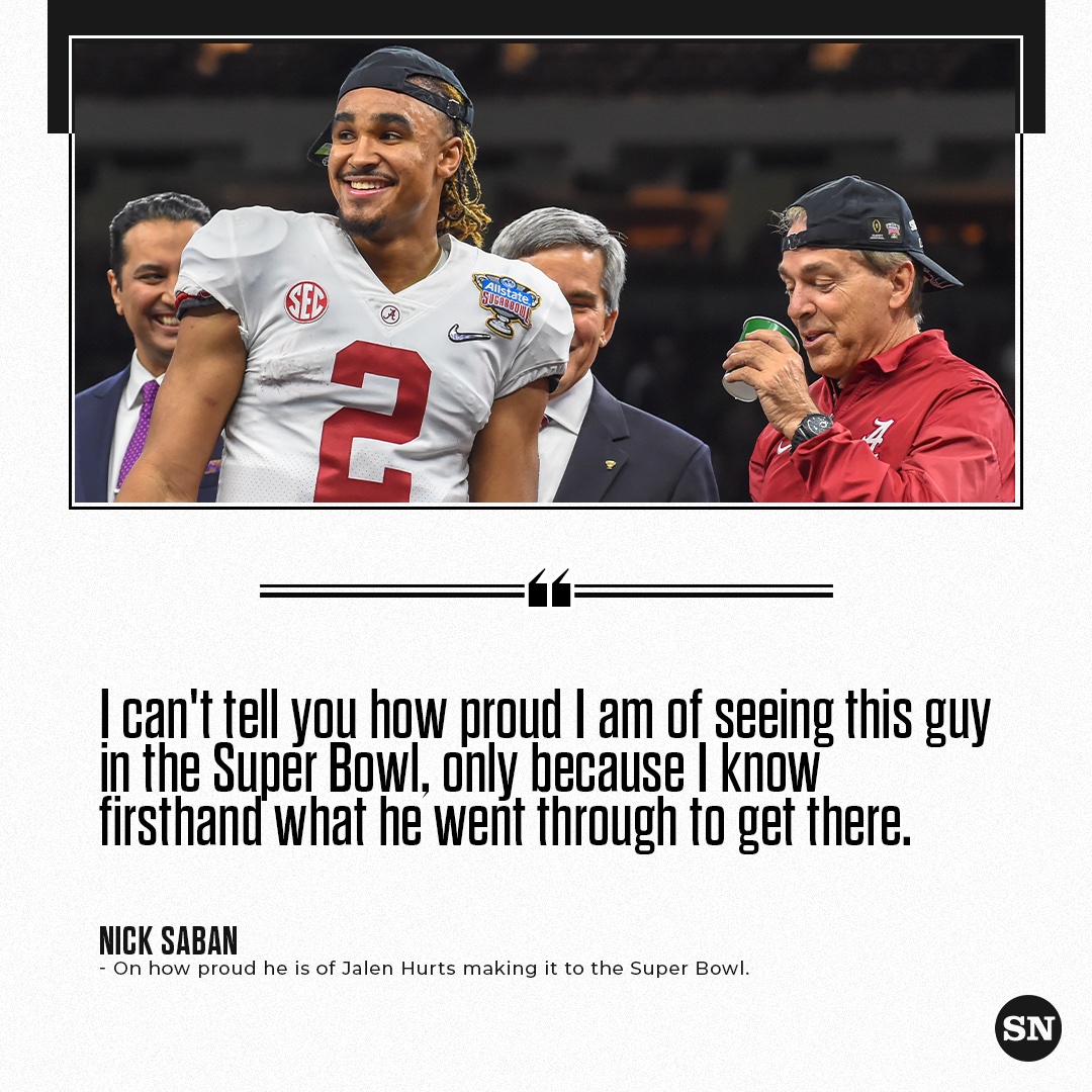 sn_ncaaf's tweet photo. Alabama's Nick Saban knows how hard Jalen Hurts worked to get to this stage and now, he's going to the Super Bowl 🙌

H/t: @The33rdTeamFB https://t.co/sHE98KXU3E