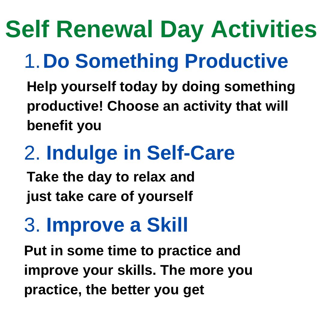 HilifeRecovery's tweet photo. Self Renewal Day is celebrated every year in the US on February 2nd. Self-renewal can refer to anything done for personal growth. The holiday encourages people to step out of their comfort zones and participate in activities that will provide benefits in the future 

#selfrenewal https://t.co/V9mpwvkpa4
