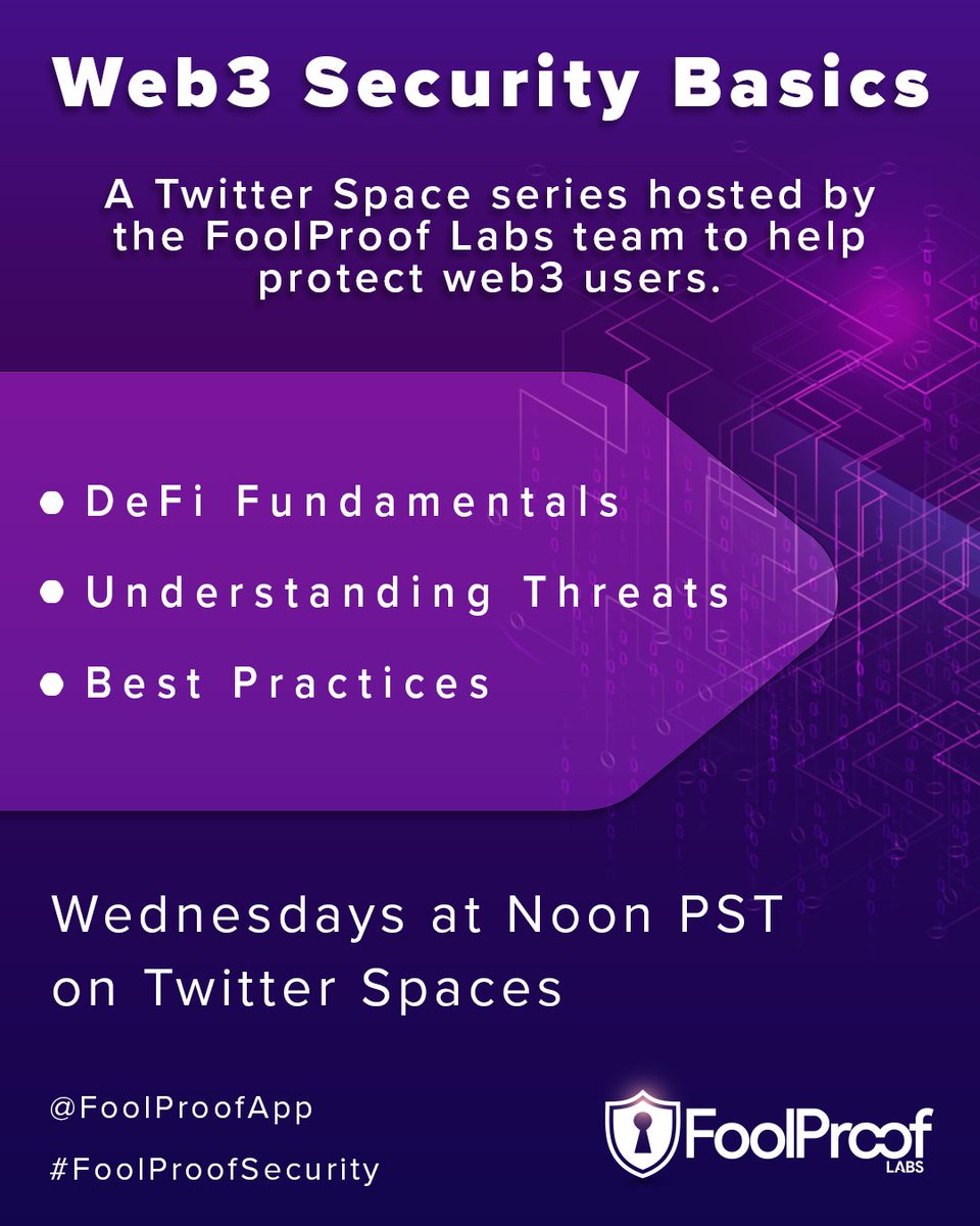 FoolproofXYZ's tweet image. 1/ Don't miss the second installment of our Web3 Security Basics series!

Join us on #TwitterSpaces to learn about the fundamental principles of protecting yourself and your assets in the world of web3.

Set your reminder: 

#FoolProofSecurity #Web3Security