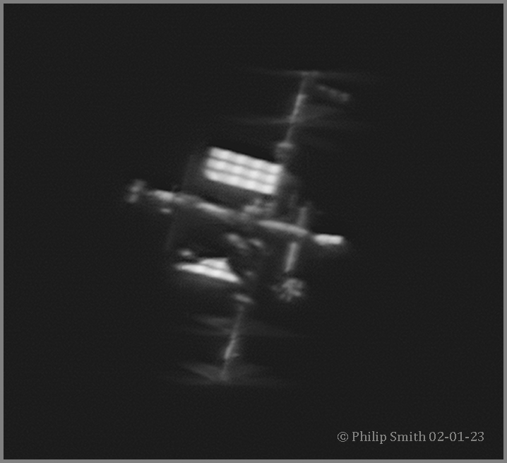 I imaged the ISS on 02-01-23 Max 83° 6:45pm EST in poor to average seeing conditions from my Manorville NY Observatory. The Sun did not illuminate the large solar array panels because they were in a horizontal flat facing almost non-visible imaging view to me. Kind Regards To ALL