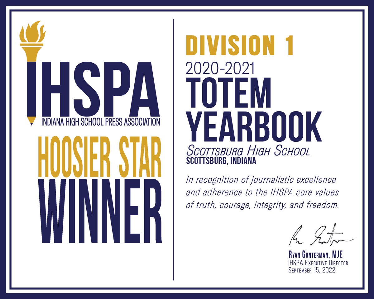 Congratulations to our 2020-2021 yearbook staff for winning the Hoosier Star at this year. #totem #scottsburg 
ihspa.net/2022/09/26/202…