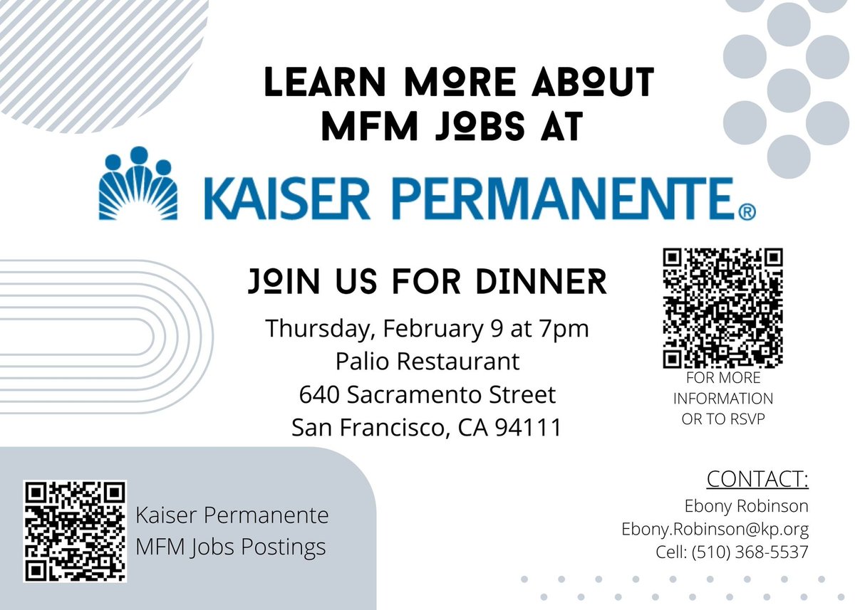 Want to come join the greatest MFM group (40+!!) (IMHO) in the country in a great state (CA)?!

Come to KP NCAL!

Contact our recruiter to join me, <a href="/devindirk/">Devin D. Smith, MD, FACOG</a> and others for dinner on 2/9/23 near SMFM Meeting (email Ebony!!!)
<a href="/MySMFM/">SMFM</a> #SMFM23