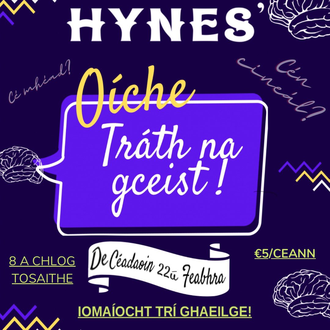 HynesBar's tweet photo. We will have our first ever Irish quiz night on the 22nd of February. 

Beimid ag reáchtáil ár gcéad tráth na gceist trí Ghaeilge ar an 22ú Feabhra.
#gaeilgechliste #Gaeilge #tranagceist #quiz #Feburary #Feabhra #hynesbar https://t.co/0UoFBLcWQ8