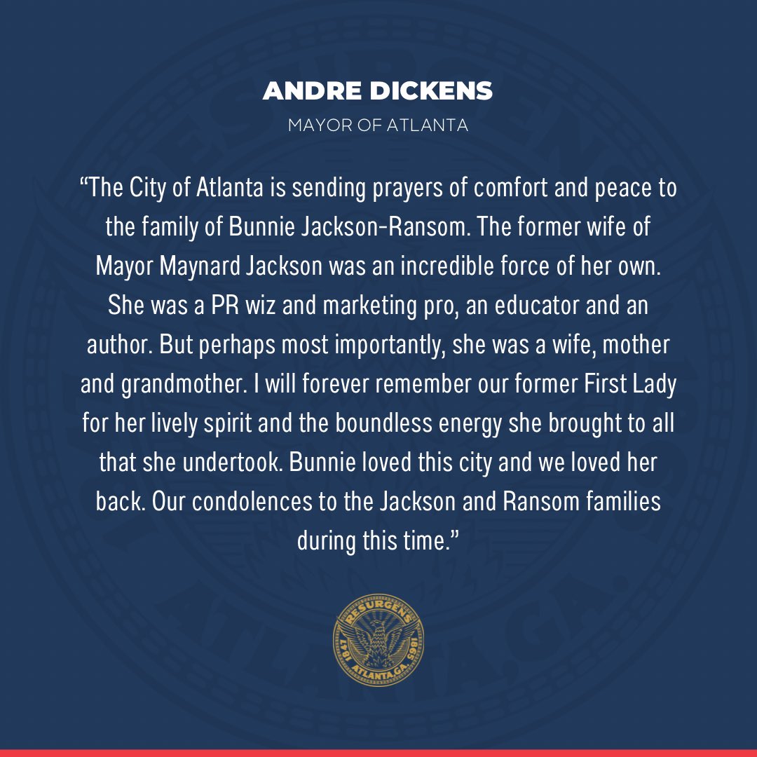 CityofAtlanta's tweet photo. Mayor @Andreforatlanta issued the following statement on the passing of former Atlanta First Lady Bunnie Jackson-Ransom:
https://t.co/wAkQlG6tSa https://t.co/bmESXcgX4q