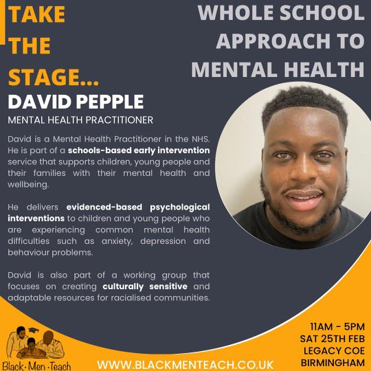 #TakeTheStage… <a href="/Psych_DP/">David P</a> 

David will be facilitating a workshop titled ‘Whole School Approach to Mental Health’ at Black Men Take The Stage, where we amplify the voices and expertise of Black Male Educators. 

Join us in Birmingham on Sat 25th Feb

eventbrite.co.uk/e/black-men-ta…