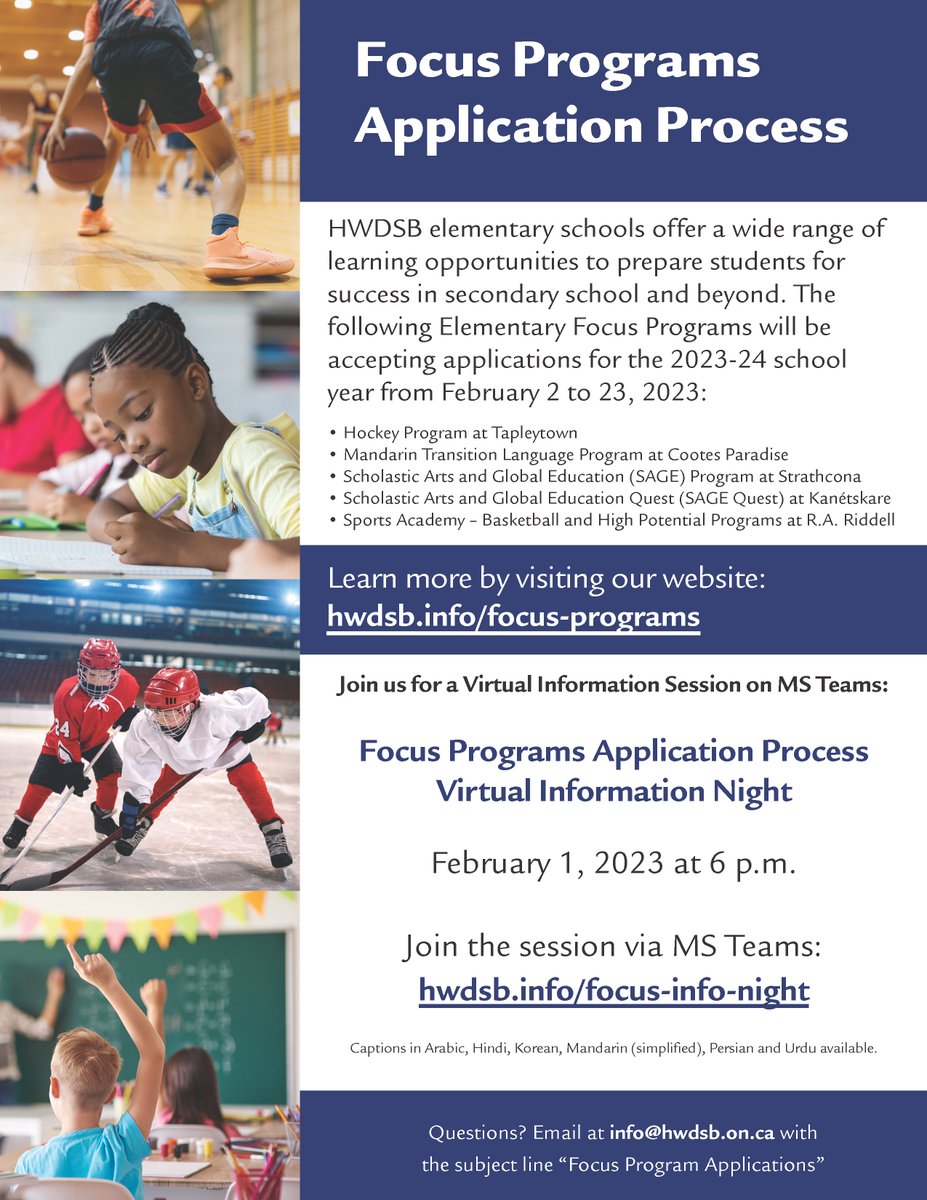 HWDSB's Elementary Focus Programs are now accepting applications for the 2023-24 school year! The deadline to apply is February 23.

Visit our website for program descriptions, registration details, and the link to apply.

Elementary Focus Programs: hwdsb.on.ca/elementary/pro…