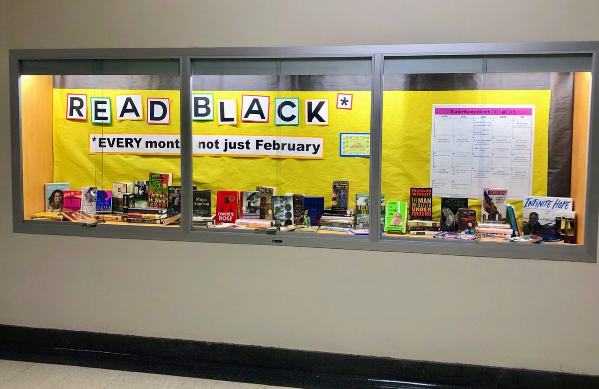 ETHSLibraries's tweet photo. Friendly reminder @ETHSWildkits: if you see a book you want in the H-Hall display cases, just talk to a library staff member & we'll retrieve it for you to check out! #librarydisplay #notamuseum #theresmorewherethosecamefrom #pleasecheckoutthebooks #BlackHistoryMonth https://t.co/6WfxQuL5PD