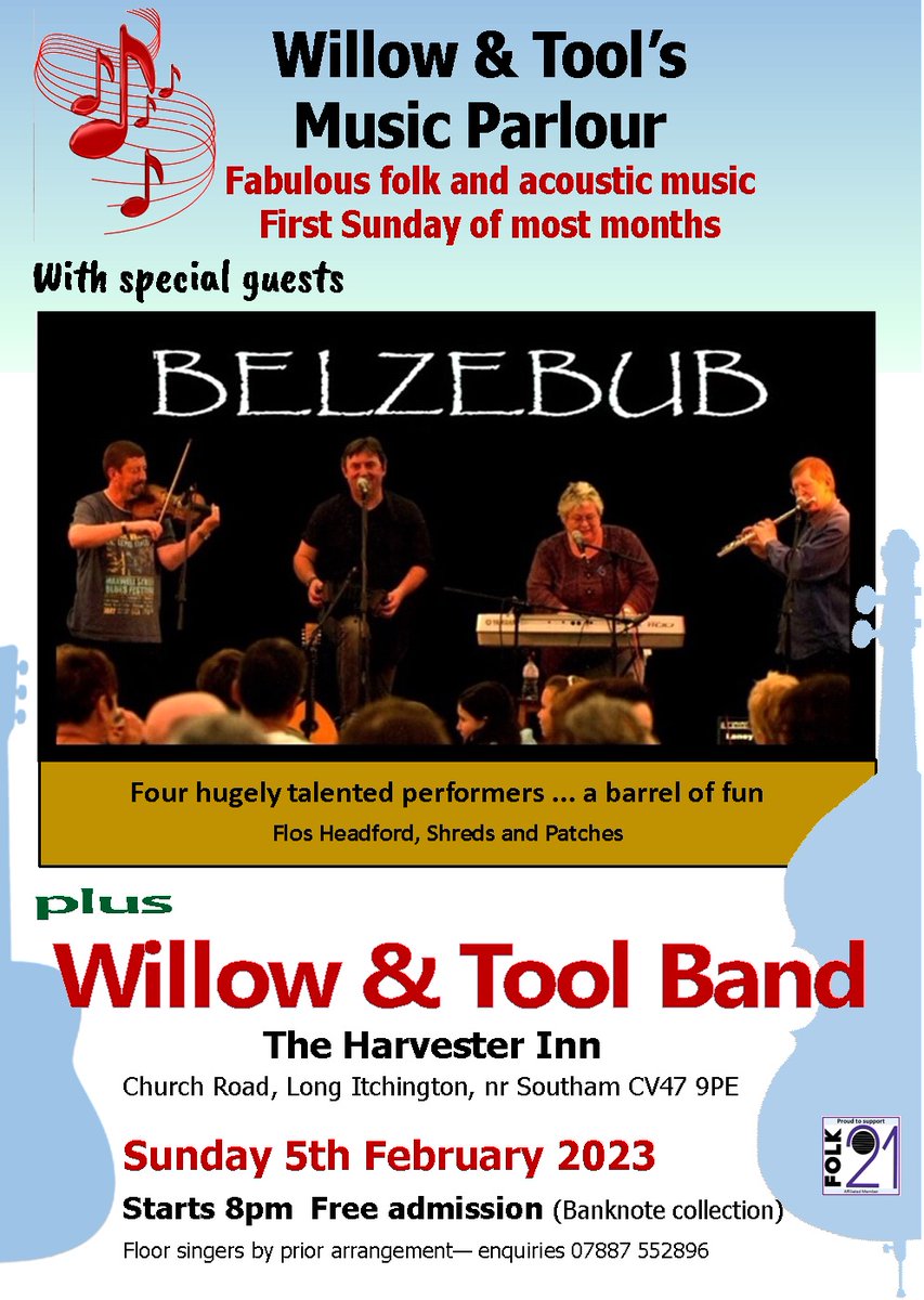 Looking forward to this Sunday at the #MusicParlour - with the magnificent Belzebub plus Steve 2 and Jamie Scott. And a couple of new self-penned songs by us! Aiming for an earlier start time - 7.30pm. Free admission but be ready to feed the voracious jug with folding money.