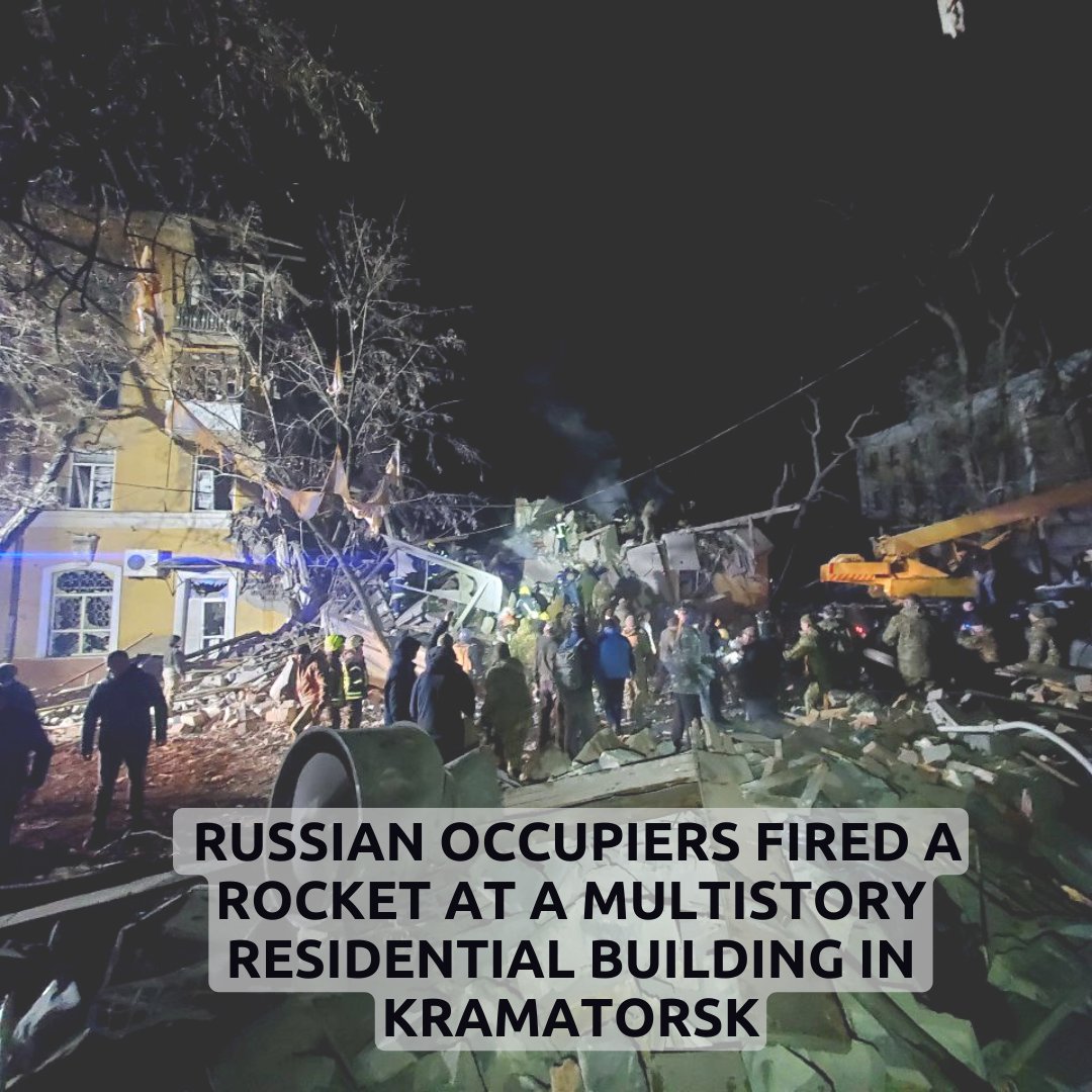 UDoNation_'s tweet photo. The russian military is shelling the civilian population and civilian infrastructure. On February 1, the russian occupiers fired a rocket at a multistory residential building in Kramatorsk, Donetsk region. As a result of this attack, three people died, and 21 people were injured. https://t.co/z61HqHoCOe