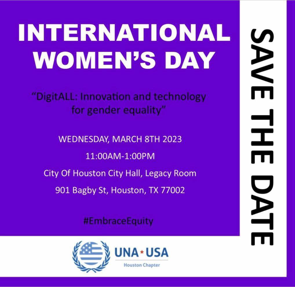 📢 SAVE THE DATE-Join us and celebrate International Women's Day on March 8th.
Timings for the event are: 
11-1 PM 
#una
#unausa
#unahouston
#sdgs #sdg5 #genderequality #internationalwomensday 
To become a member visit: unahouston.org
