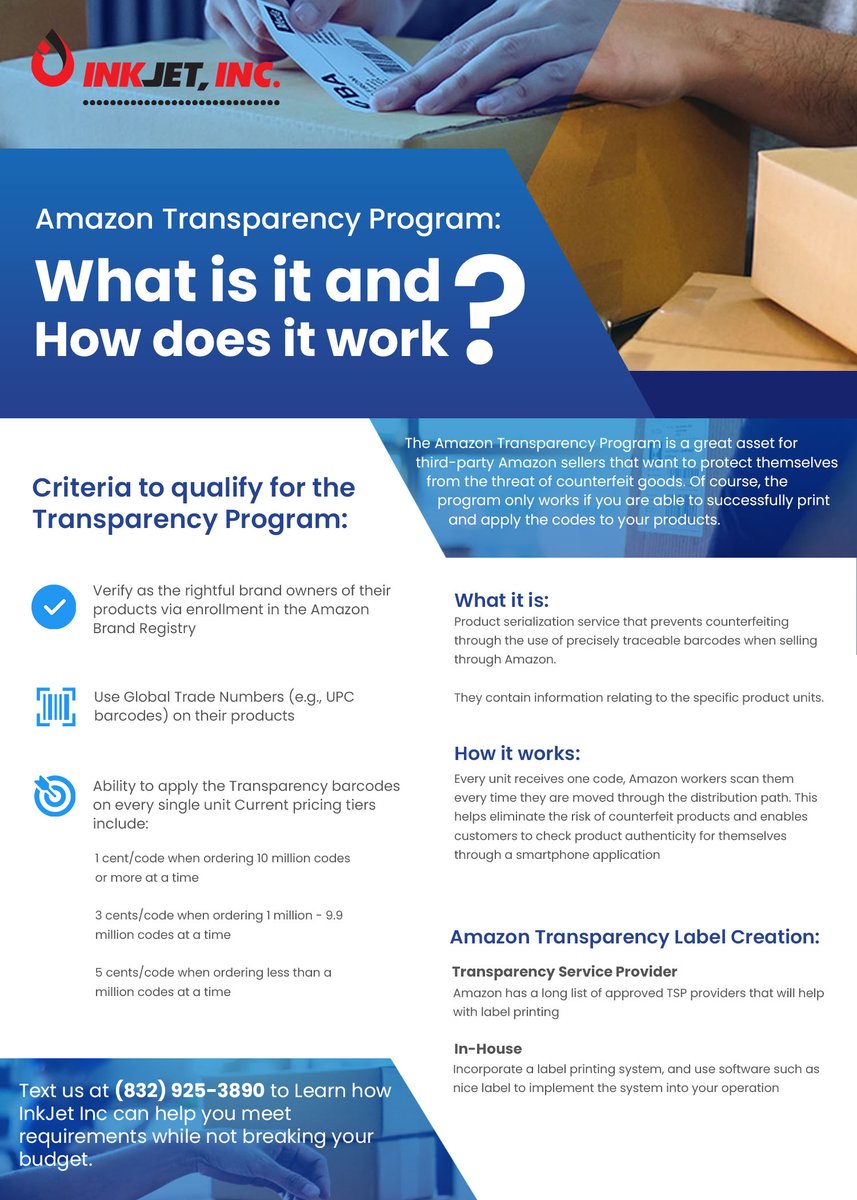 Have questions about the Amazon Transparency Program?

The latest seller service provided by Amazon, the Transparency Program enables sellers to authenticate their products to customers prior to making sales. 

#amazon #codingandmarking #packaging #packagingindustry