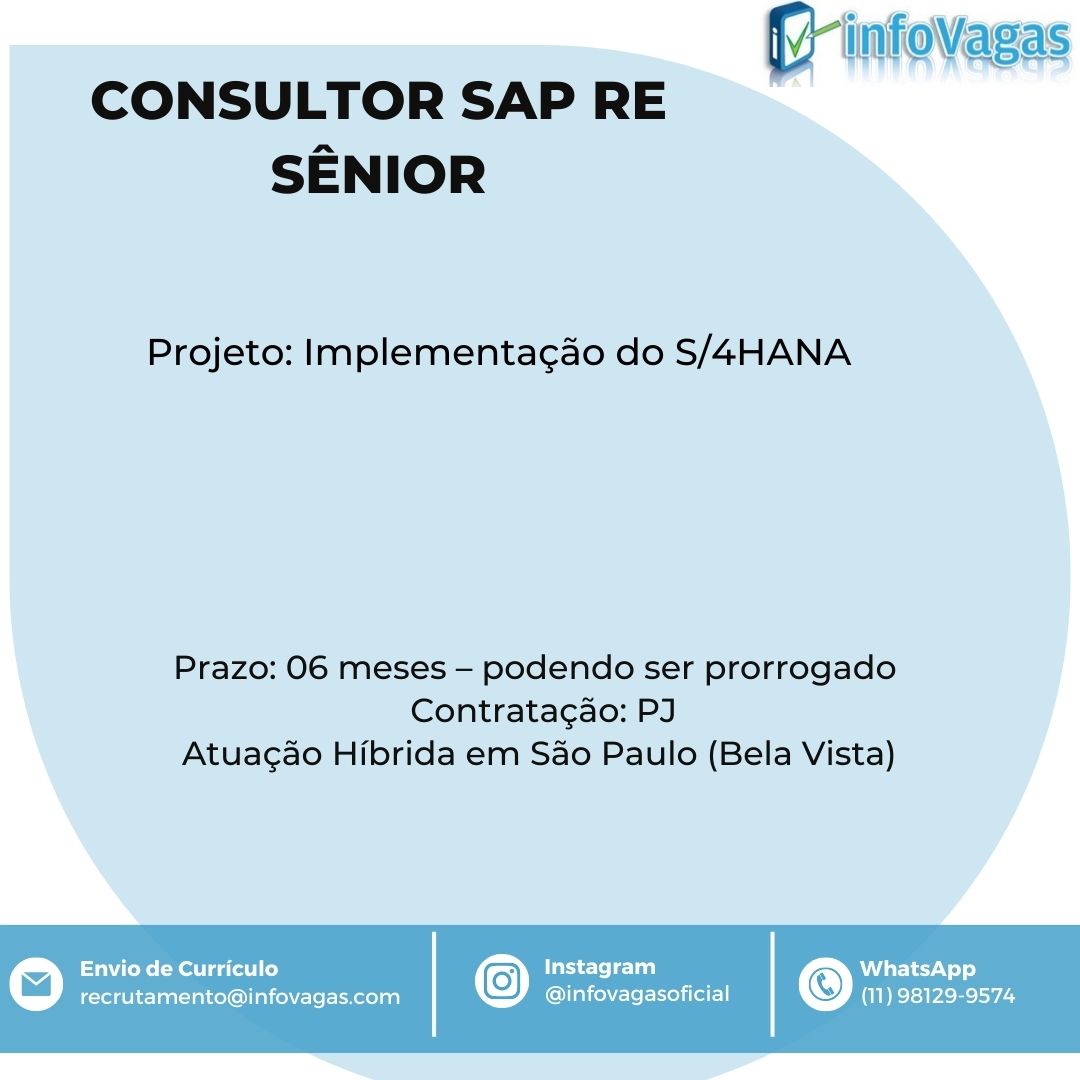 infovagas_of's tweet photo. COMPARTILHE COM SEUS CONTATOS !!
Envie o seu currículo para o e-mail recrutamento@infovagas.com
Contato/WhatsApp: (11) 98129-9574
#sap #consultorsap #sapjobs #sapbrasil #saperp #s4hana #sapre #saprealestate https://t.co/vbYFTpRpAH