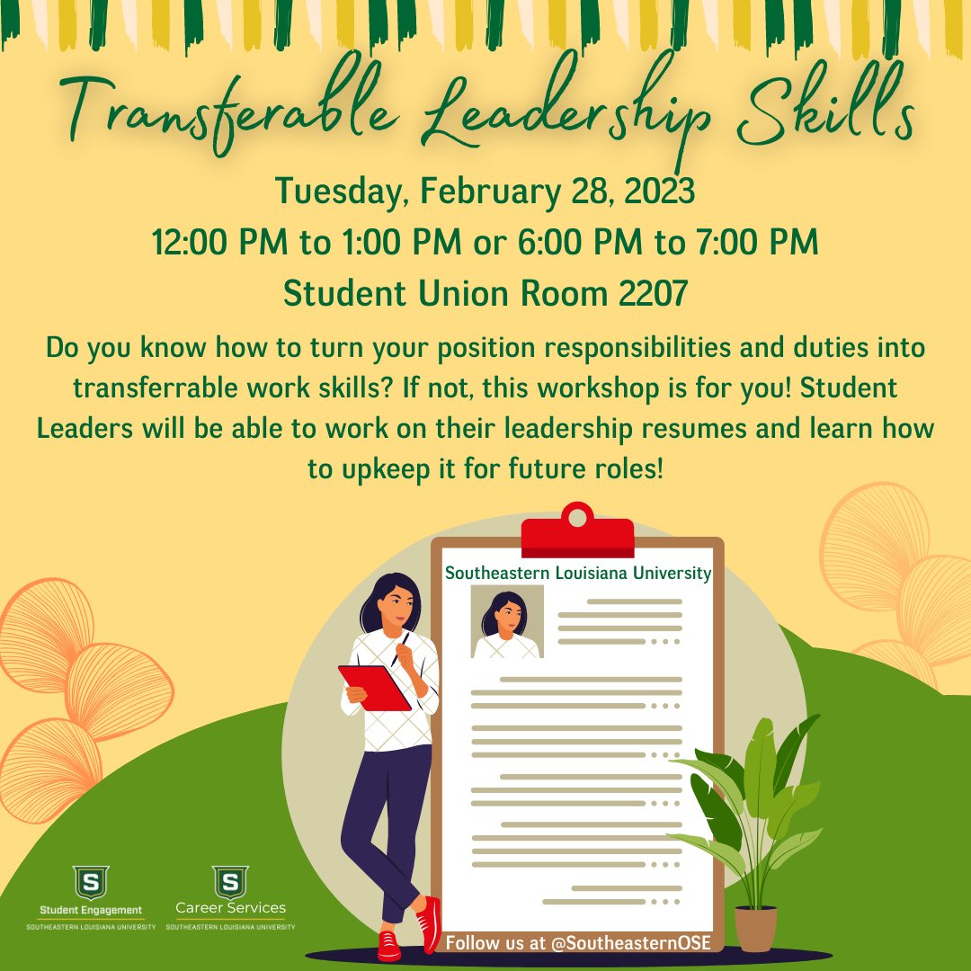 The Office for Student Engagement and the Office of Career Services are hosting a workshop on Tuesday, February 28, 2023 to help student leaders put their organization position(s) leadership skills into transferable work skills! 

This workshop will be hands-on! 

Check out ⬇️