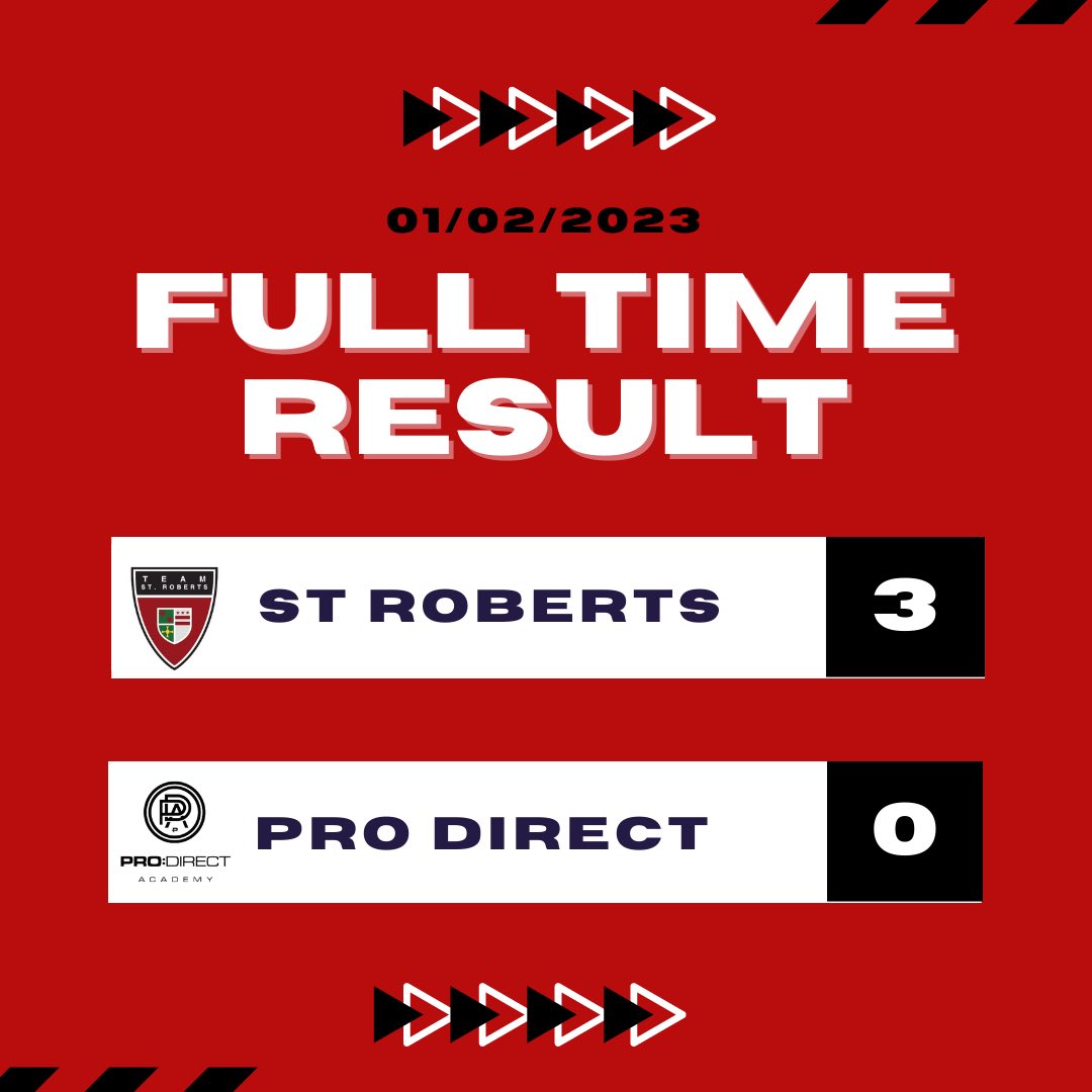 Full Time Result from yesterdays Sixth Form fixture, good way to start 2023.

⚽️ Luke Clements
⚽️ Bradley Tyrie
⚽️ Charlie Huntley

Well done lads 👏⚽️ <a href="/TeamStRoberts/">Team St Roberts</a>