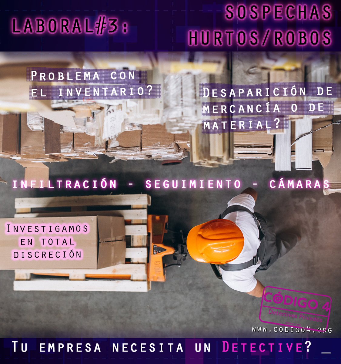 🦹👣👁‍🗨 Perdidas desconocidas en tus establecimientos? Desaparición de material? Investigamos tus sospechas.
👁‍🗨info@codigo4.org

#investigacion #detective #codigo4 #empresa #almacenes #tiendas #hurto #robo #prueba