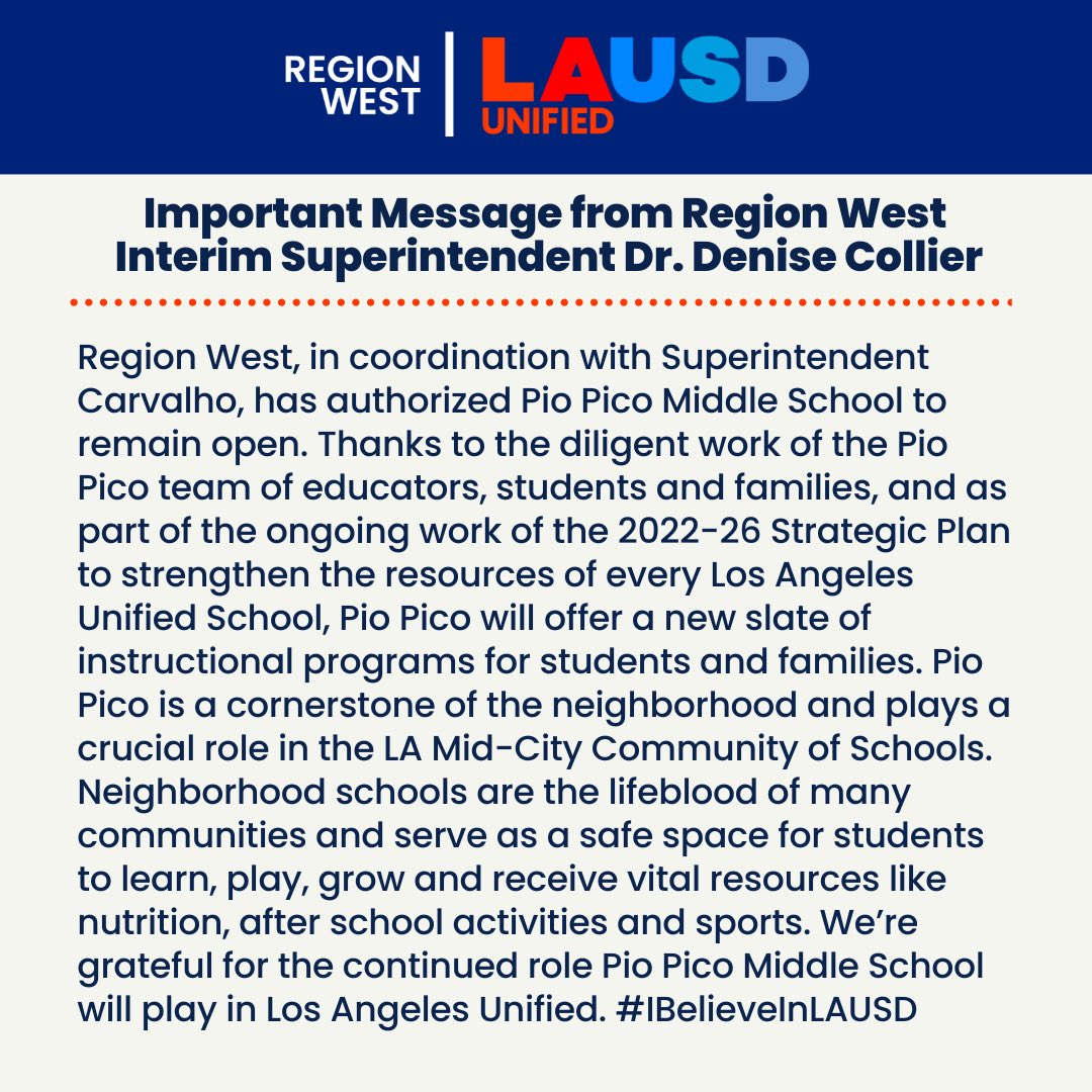 Important Message from Region West Interim Superintendent Dr. Denise Collier