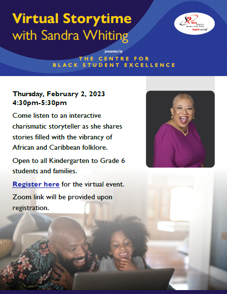 Come join virtual storytime with charismatic storyteller, Sandra Whiting! 

Students and their families in Grades K-6 are invited to join us for this virtual event. 

Learn more or register now: docs.google.com/forms/d/e/1FAI…

#BHMyrdsb 
#BlackExcellence