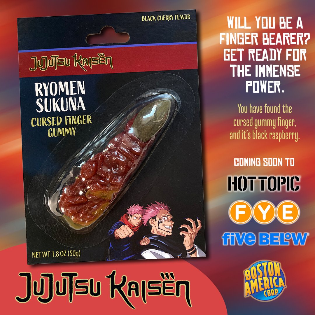 BostonACorp's tweet photo. Jujutsu Kaisen's Sukuna Cursed Finger gummy is amazingly detailed and tastes better than the real one! Coming soon to @HotTopic @officialfye @fivebelow #JujutsuKaisen #sukuna #cosplay #cosplayer #Itadoriyuuji #gummy #hottopic #fivebelow #fye https://t.co/hKZD9DVsI0