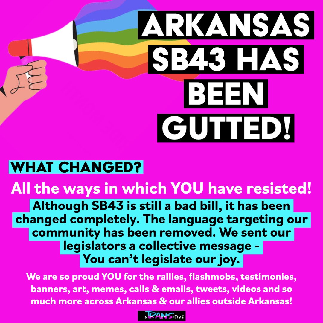 #SB43 has been gutted! 

May our siblings around the country see this and feel our love stretch to them as they fight hate legislation in their states. We collectively have power. The fight doesn't stop here, we can have more wins. Let's #DefendAutonomy in #Arkansas.