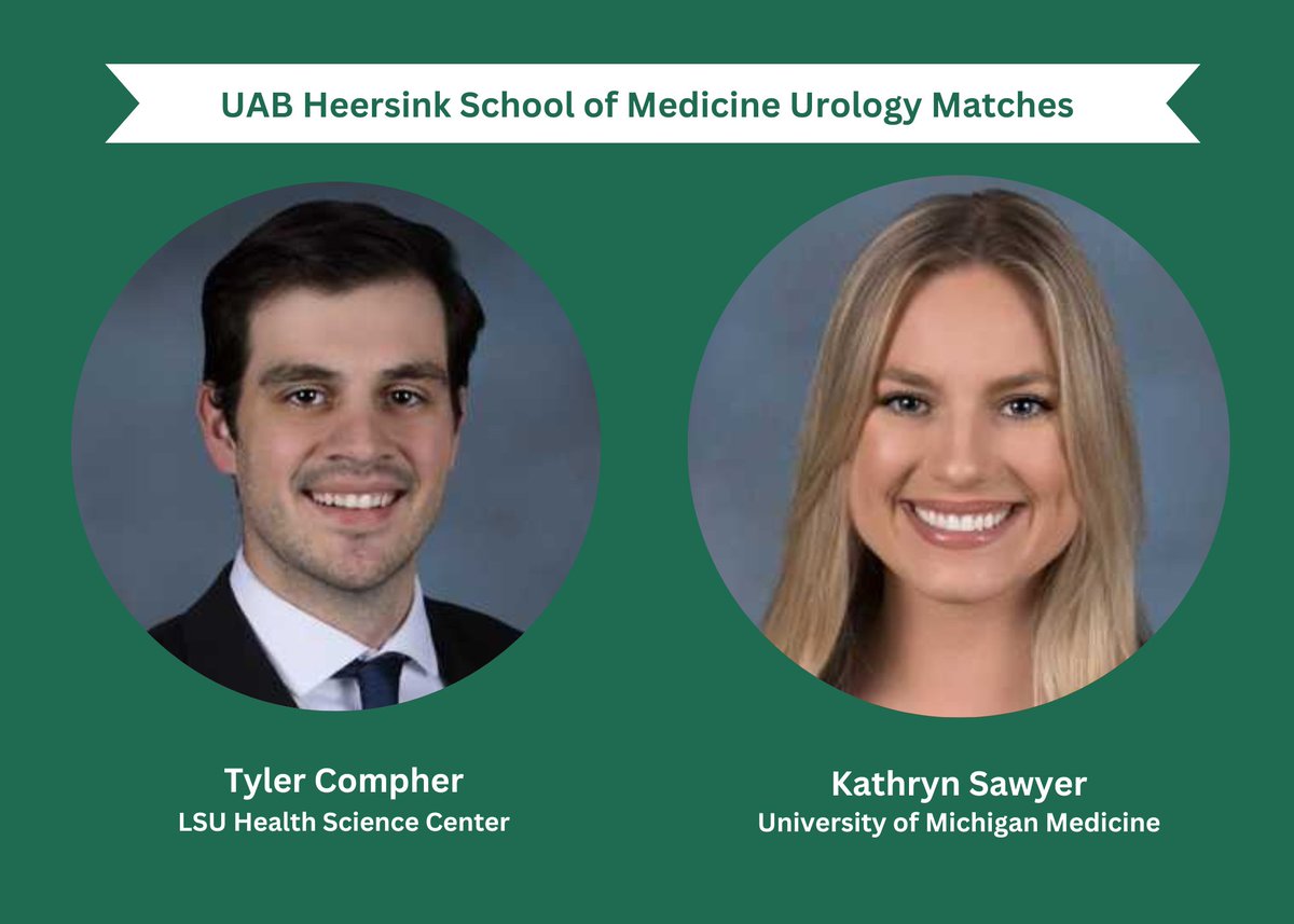 UAB Urology (@uaburology) on Twitter photo Congratulations to the <a href="/UABHeersink/">UAB Heersink School of Medicine</a> medical students who also matched today in #UrologyMatch!
#UroMatch2023 #uroresidents Congratulations to the <a href="/UABHeersink/">UAB Heersink School of Medicine</a> medical students who also matched today in #UrologyMatch!
#UroMatch2023 #uroresidents