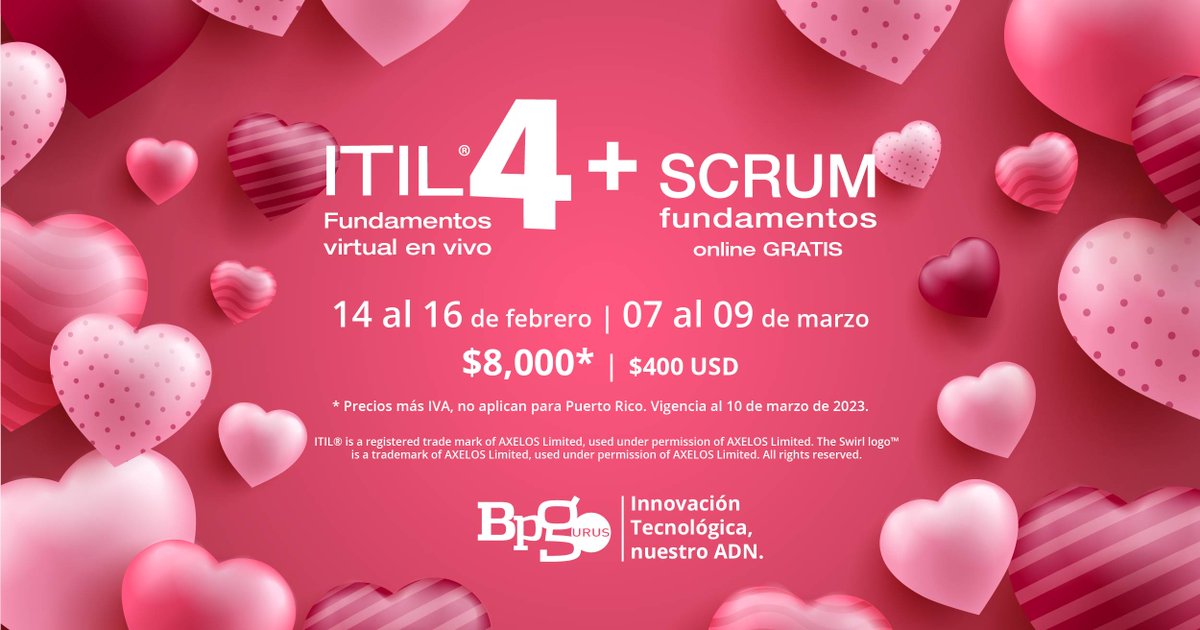 BPGurus's tweet photo. ¡Aprovecha nuestros matches de promociones para #febrero y capacítate con los expertos al mejor precio! 👉 https://t.co/Dn5SzPwNOq
➡ INFORMES 56 2157 4674 o info@bpgurus.com
#InnovaciónTecnológica #NuestroADN #Capacitación #itil4 #itil4foundation #ITIL #SCRUMstudy #Scrum https://t.co/C8pfzW0kTP